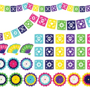 May include: A set of colorful paper cutouts in the shape of flowers, fans, and flags. The flags have different designs, including skulls, hearts, and flowers. The cutouts are perfect for decorating for a Day of the Dead celebration.