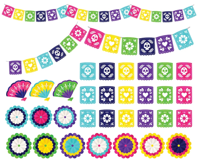 May include: A set of colorful paper cutouts in the shape of flowers, fans, and flags. The flags have different designs, including skulls, hearts, and flowers. The cutouts are perfect for decorating for a Day of the Dead celebration.