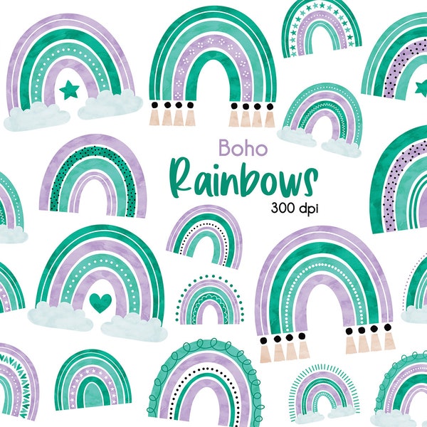 Aqua Purple Rainbow clipart bundle set, Boho Rainbow Clipart, Cute Hand drawn Rainbow and clouds 20 PNG clip art, Rainbow Teal digital