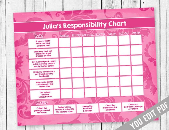 Printable Teen Chore Chart Editable Chore Chart for Kids | Etsy