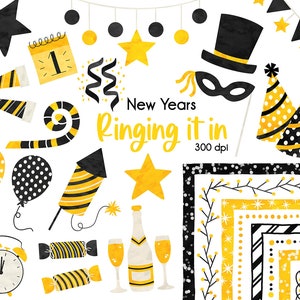 Bundle de cliparts numériques pour le nouvel an, la sonnerie des pensionnaires du nouvel an, clipart du nouvel an, aquarelle couleur PNG, noir et jaune dessinés à la main