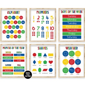 Educación Aprendizaje Carteles imprimibles Conjunto de 6 · Formas Números Clima Días Meses Sala de juegos Aula Homeschool Montessori Recursos