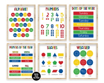 Bildung Lernen Druckbare Poster 6er Set · Formen Zahlen Wettertage Monate Spielzimmer Klassenzimmer Homeschool Montessori Ressourcen