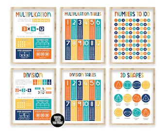 Multiplication, Division, times tables, numbers count to 100, Math education printable set of 6 playroom homeschool classroom montessori