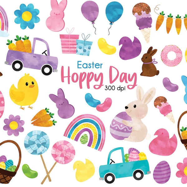 Easter clipart bundle, Easter peep clip art, Easter bunny, Easter chick, Easter Truck, easter egg, carrots, Hand drawn Water color PNG,