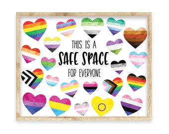Safe Space for everyone Poster Printable, Pride Flag Hearts, LGBTQ Inclusion, Diversity Classroom Decor, Equality, Racial Equality,