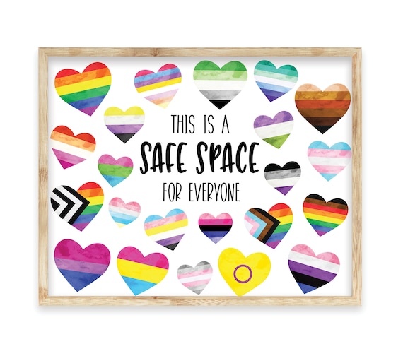 Safe Space for Everyone Poster Printable, Pride Flag Hearts, LGBTQ