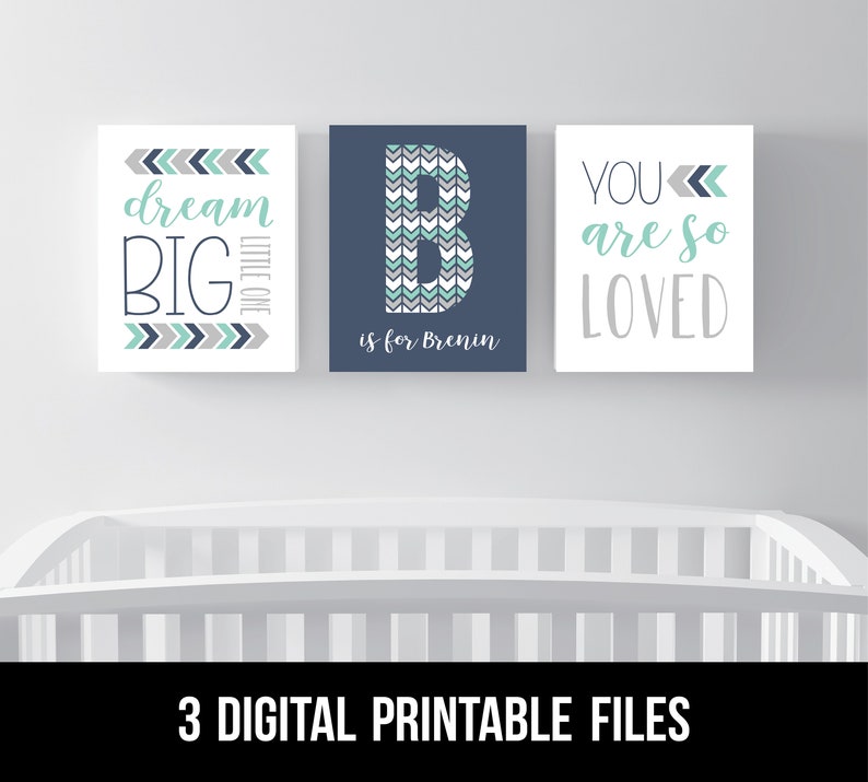 Navy Mint and Grey Nursery Art Printable Personalized Boy | Etsy