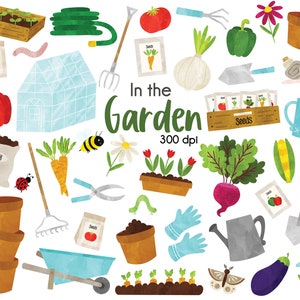 Garden clipart bundle, Vegetable clip art, Greenhouse, Wheelbarrow, Spring Clipart, Insect Clipart, seeds, carrots, beets, Growing Garden