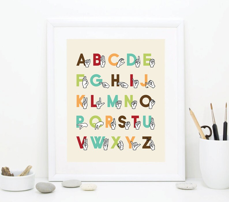 Decor Art Sign Art - Alphabet Woodland - Decor Wall  Language Nursery - ASL Alphabet Homeschool 16x20 Alphabet Playroom Printable Art Art
