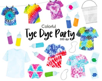 Tie Dye clipart bundle, Tie-Dye Party clipart, T-shirts, Tie-Dye Bottles, Elastics, Fun Party Clipart