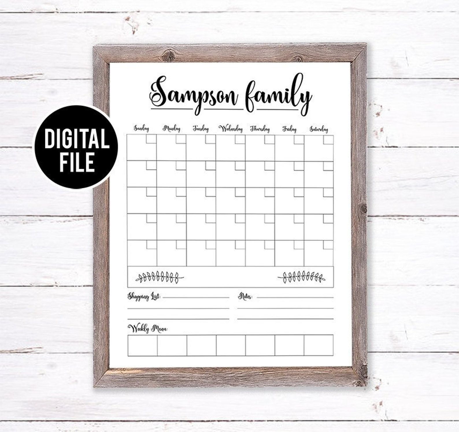 Custom Name Calendar Family Name Calendar Printable Calendar Etsy