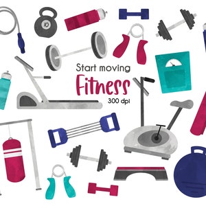 Fitness clipart bundle, Exercise clip art, Gym Equipment clipart, Workout Clipart, treadmill, water bottle, scale, yoga ball, weights