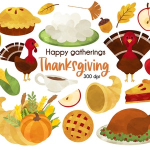 Pacote de clipart de Ação de Graças, clipart de cornucópia, clipart de outono de peru, molho, torta de maçã, jantar de peru, folhas de outono, milho, purê de batata