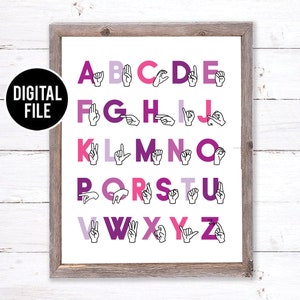 ASL Alphabet Art Wall Decor - Sign Language Alphabet Art - Printable Nursery Art - Alphabet Homeschool Decor 16x20 Purple Playroom Art