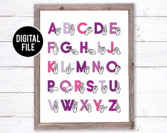 ASL Alphabet Art Wall Decor - Sign Language Alphabet Art - Printable Nursery Art - Alphabet Homeschool Decor 16x20 Purple Playroom Art