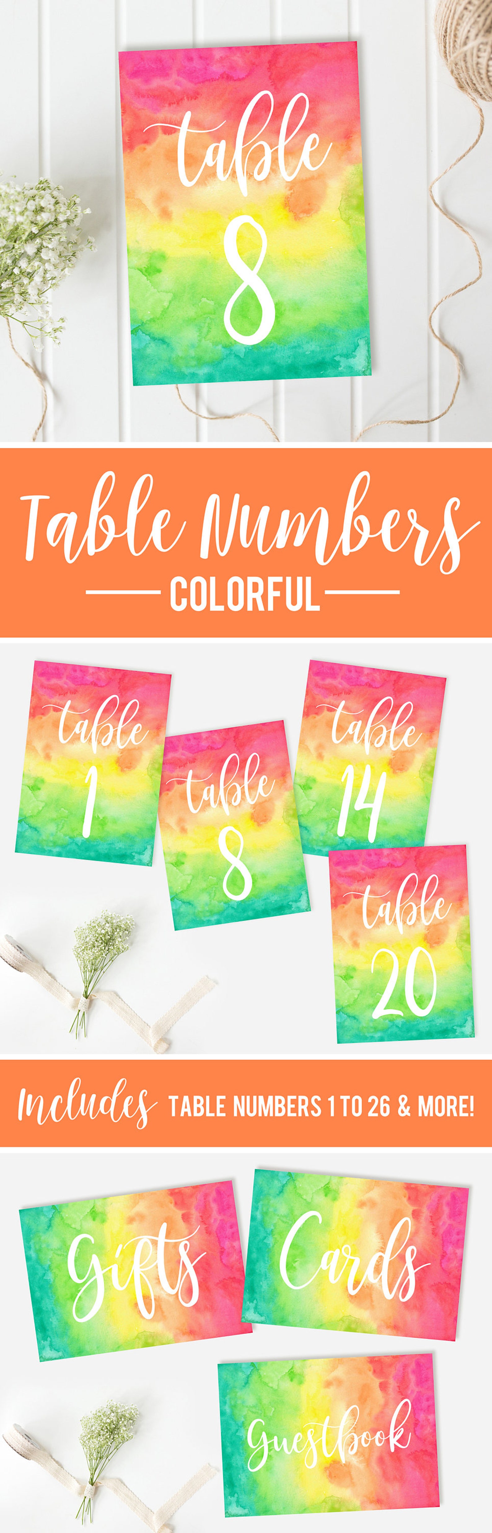 Colourful Table Numbers for Weddings or Parties, Multicolour Wedding ...
