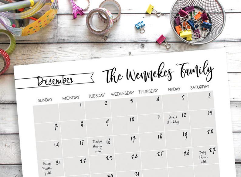 Personalized Calendar Printable Family Calendar Gift for - Etsy