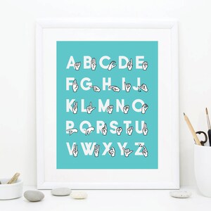 ASL Deaf Awareness Alphabet Printable Art Wall Decor - Sign Language Art - Learn Fingerspelling - Deaf Child education - Aqua Playroom Art