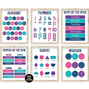 Alfabeto, números, días de la semana, meses del año, formas, clima - Education Poster Juego imprimible de 6