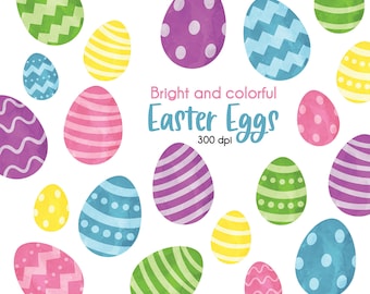 May include: A collection of colorful Easter eggs with various patterns, including stripes, polka dots, and zigzags. The eggs are painted in shades of pink, purple, blue, green, and yellow. The text "Bright and colorful Easter Eggs 300 dpi" is displayed in the center of the image.
