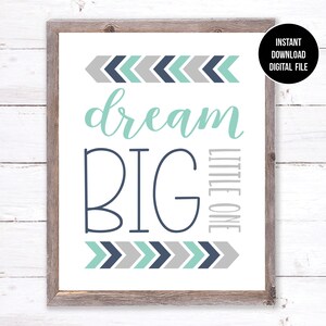 Mint Navy et Grey Nursery Art Imprimable, Dream big one, Décor minimaliste de bébé garçon, Boho Tribal Arrow Nursery Wall Art Decor