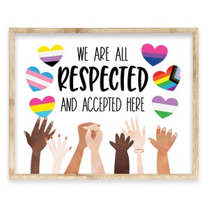 Cartel imprimible del orgullo del aula de diversidad, inclusión LGBTQ, amabilidad, conciencia de la bandera del orgullo, decoración del aula de espacio seguro