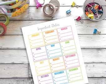 Important Dates for the Year Printable, Monthly Important Dates, Household Binder Printable, Family Binder Printable, Home organization