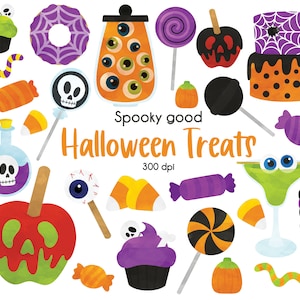 May include: A collection of Halloween treats, including candy corn, lollipops, cupcakes, and a green potion bottle. The image also includes a green apple with red candy, a spiderweb cake, and a jar of eyeballs. The text "Spooky good Halloween Treats 300 dpi" is at the top of the image.