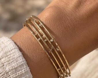 Gold Crystal Cuff Bracelet | Luxury Stainless Steel Modern Bangle | Waterproof Tarnish-Free Jewelry | Elegant Open Bracelet | Gift for Her