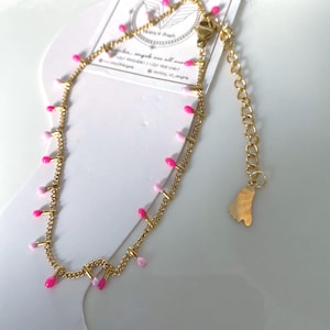 Pink Drop Beads Anklet | Gold Stainless Steel Chain Anklet | Adjustable Dainty Foot Bracelet | Summer Jewelry for Women
