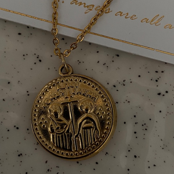 Solid Gold Stainless steel Constantine Pendant, St. Helen and Constantine necklace, Solid Gold Byzantine  charm