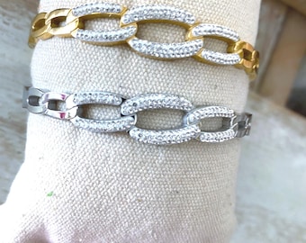 Stainless Steel Pavé Link Bracelet | Gold & Silver Chain Bracelet | Sparkling Oval Link Jewelry | Waterproof Everyday Bracelet | Gift for He