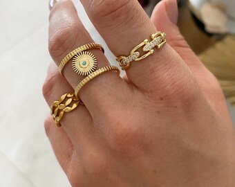 Anillo bohemio chic de acero inoxidable con diseño de sol, piedra turquesa dorada, talla única, ajustable, resistente al agua y al deslustre.