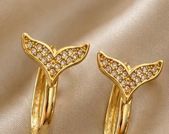 Whale Tail Hoop Earrings | Gold Ocean Earrings | Mermaid Tail Earrings | Minimal Coastal Jewelry | Crystal Gold Hoops