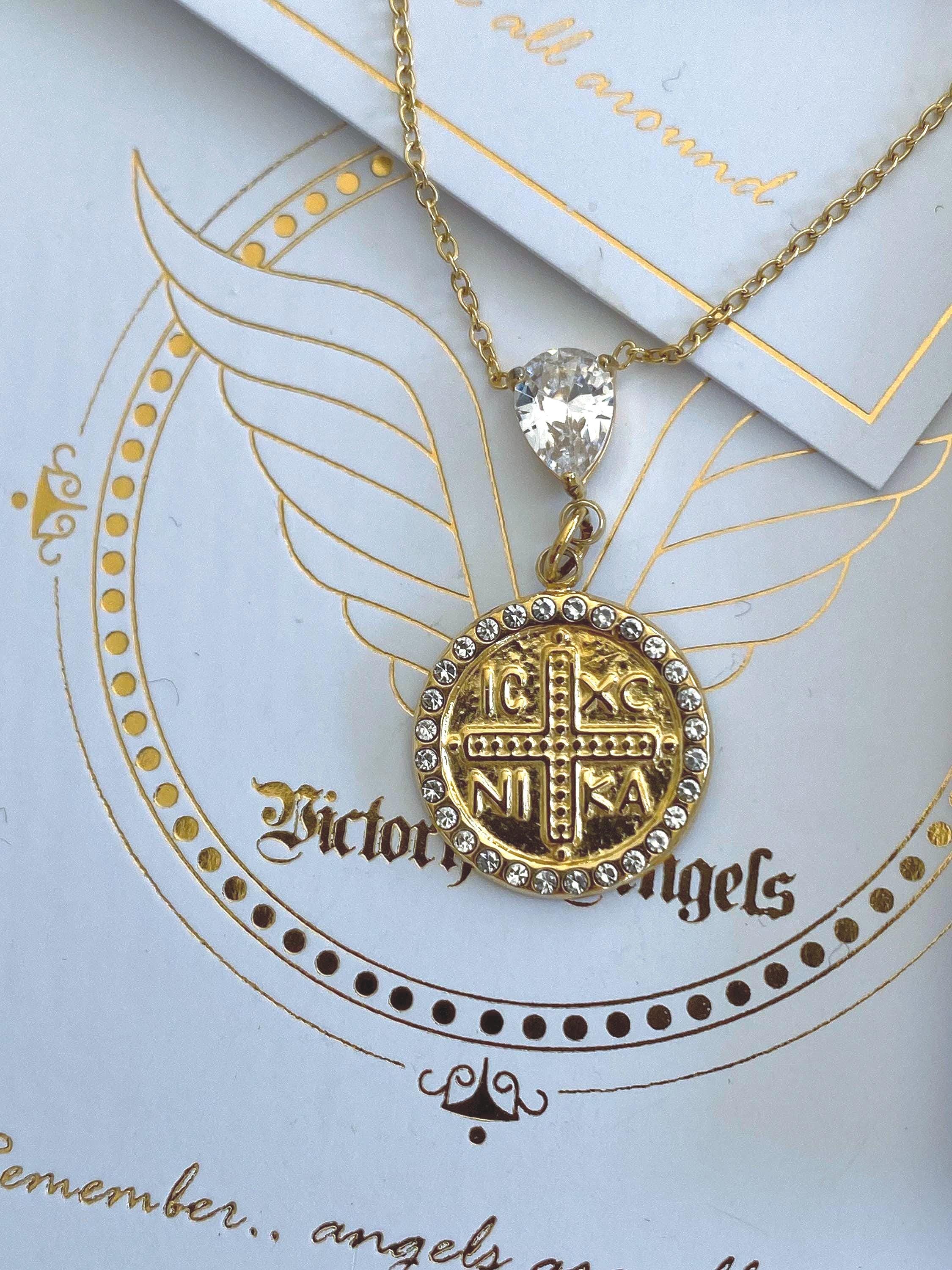 Gold Stainless Steel Orthodox Cross Coin Pendant Necklace With