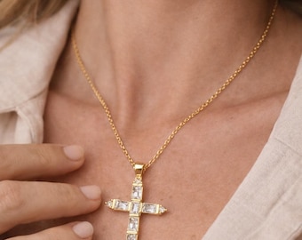 Gold Cross Necklace | Iced Out Cross Pendant | Stainless Steel Waterproof Jewelry | CZ Diamond Cross | Christian Gift | Luxury Necklace