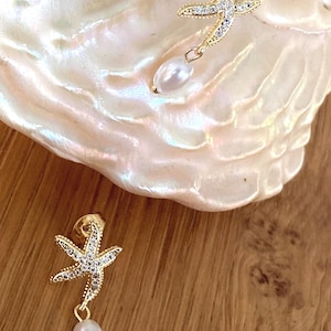 Gold Starfish dainty  Pearl Earrings | Dainty Ocean-Inspired Studs | 18K Gold Plated & Crystal Accents