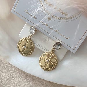 Boho chic cross religious coin style  icxn crucifix vintage style stainless steel gold earrings,waterproof anti tarnish statement earrings