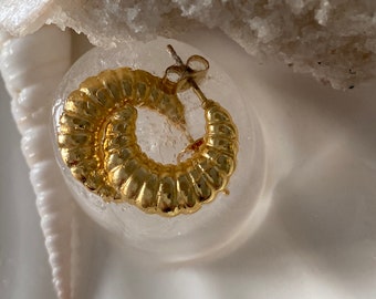 May include: A gold hoop earring with a textured, ribbed design. The earring is displayed on a white surface.