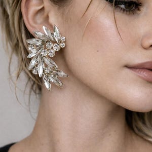 May include: A dazzling ear cuff in silver tones, adorned with clear, faceted crystals. The design incorporates leaf-shaped crystals and smaller, round stones, creating a glamorous statement piece of jewellery. The cuff is worn on the ear.