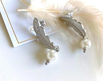 Stainless steel silver  feather pearl detail earrings• luxury anti tarnish high quality stainless steel feather earrings• gift for her