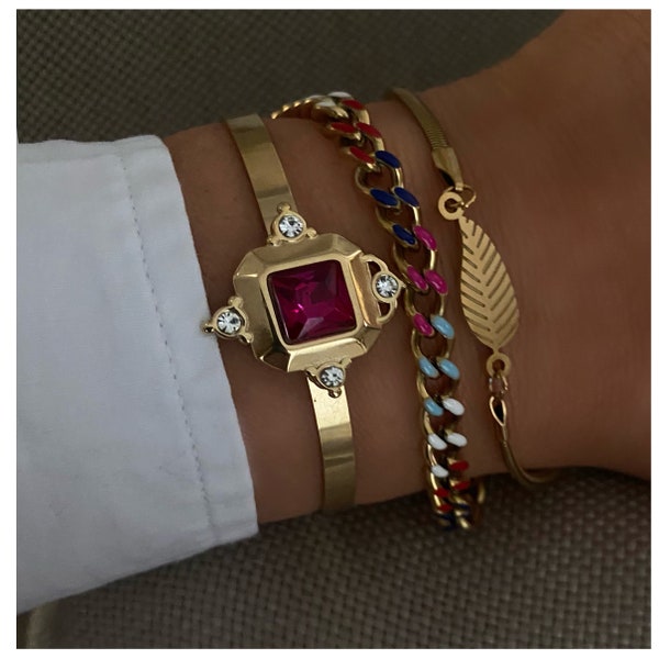 Gold moroccan style fuchsia crystal stainless steel modern boho one size cuff bracelet, waterproof luxury one size gold fuchsia  women cuff