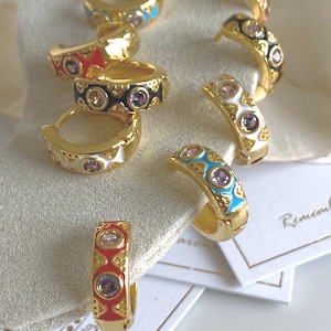 Vintage Enamel Gold Huggie Earrings | Colorful Crystal Hoop Earrings | Boho Chic Jewelry| Retro chic colourful earrings
