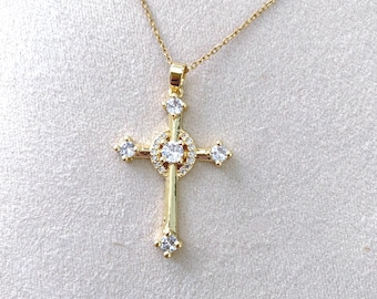 Collar con cruz de cristal dorado de acero inoxidable de estilo vintage, collar con cruz de cristal dorado resistente al agua.