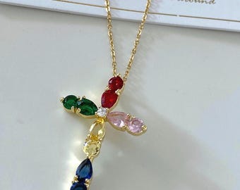 Colorful Crystal Cross Necklace | Multicolor Gemstone Pendant | Faith Jewelry with Rainbow Stones