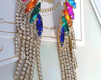 Colorful Crystal Dangle Earrings | Long Rhinestone Tassel Earrings | Glam Statement Jewelry| gift for her