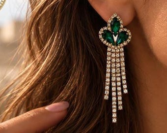 Green Crystal Drop Earrings | Gold Statement Earrings | Emerald Green Dangle Earrings | Rhinestone Tassel Earrings | Elegant Party Jewelry |