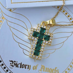 Emerald luxury  gold statement cross necklace | stainless steel gold emerald cross necklace| gift for her