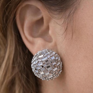 Statement Crystal Ball Earrings | Glamorous Silver Rhinestone Studs | Luxury Evening Jewelry | Sparkling Disco Ball Earrings